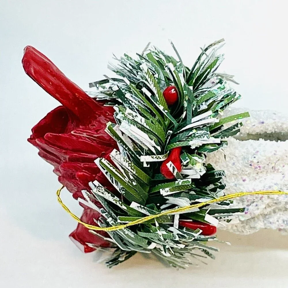 Vintage Christmas Ornament Cardinal In Pine Nest On White Glittered Icicle 6